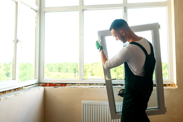 Handwerker der Fenster einbaut
