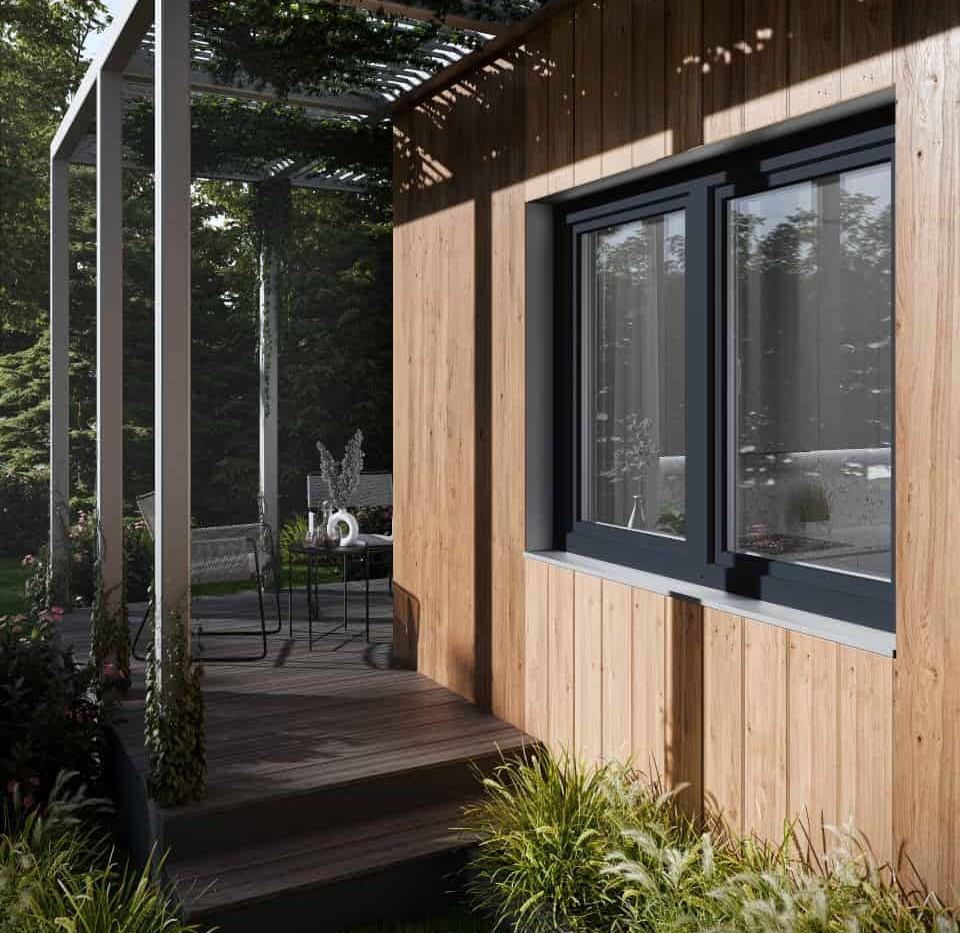 Anthrazietgraues Fenster welches eingebaut ist und von außen Fotografiert